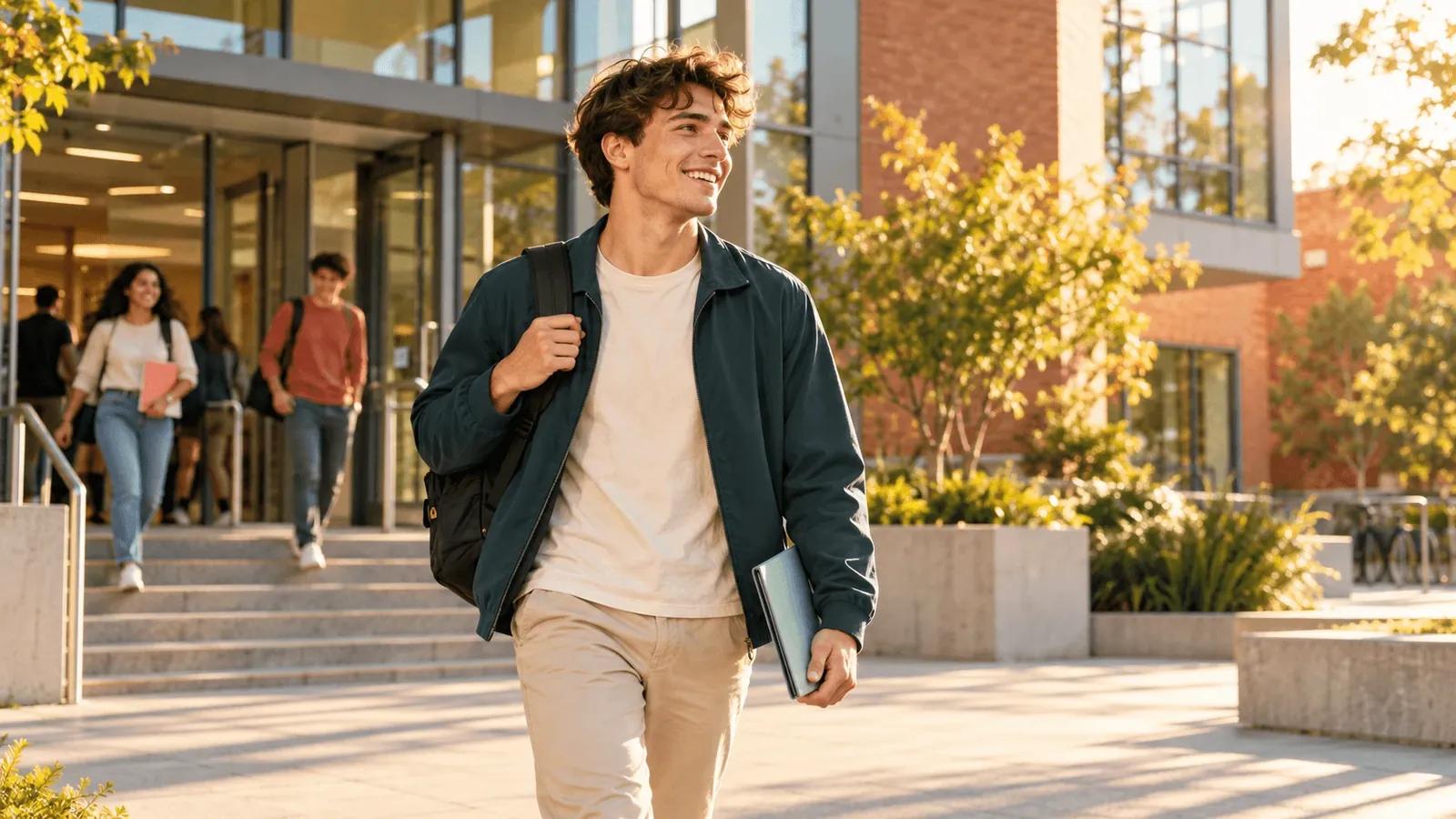 Alumno saliendo del centro examinador, sonriendo